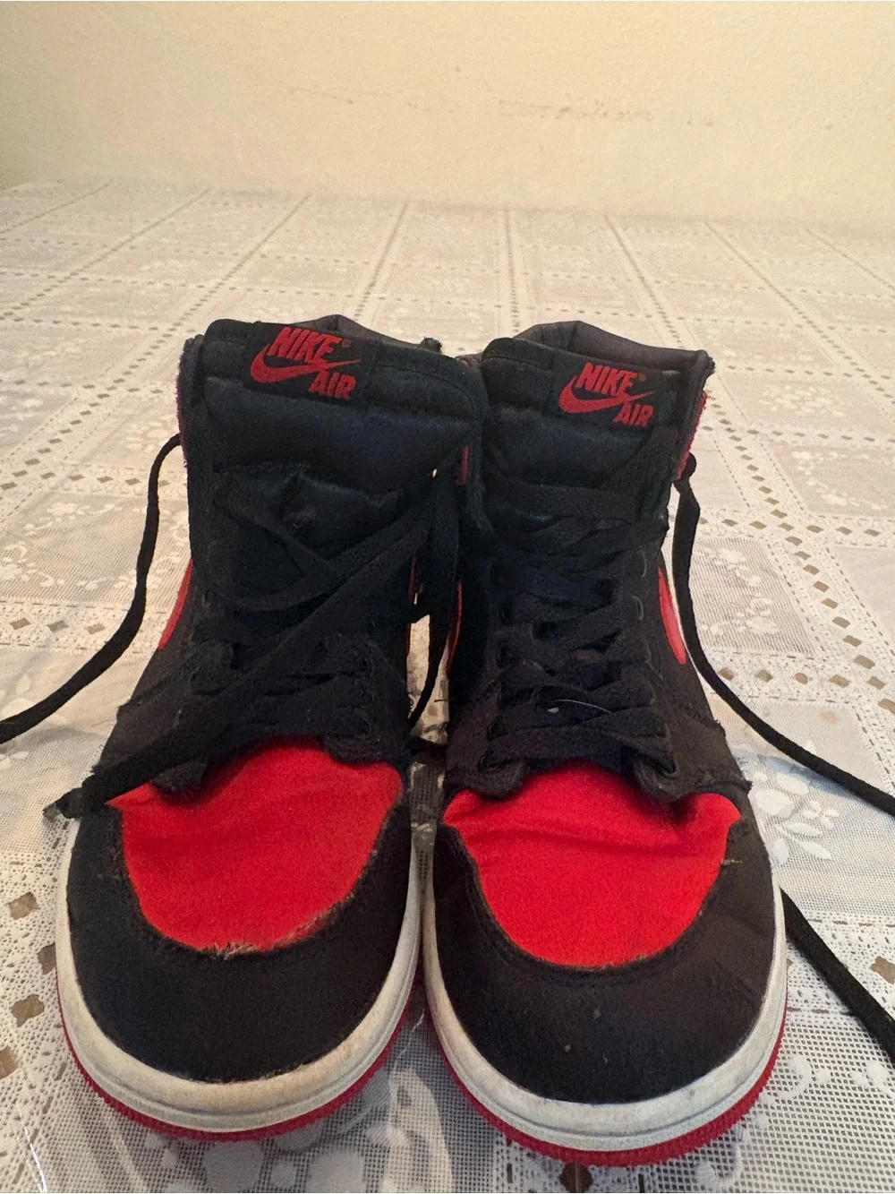 Nike retro Jordan 1’s satin black and red high top sneakers